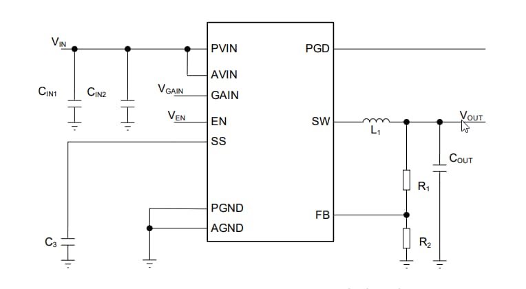 Application Circuit Diagram - ROHM Semiconductor BD9S402MUF-C Single Synch Buck DC/DC Converter Application Circuit Diagram - ROHM Semiconductor BD9S402MUF-C Single Synch Buck DC/DC Converter